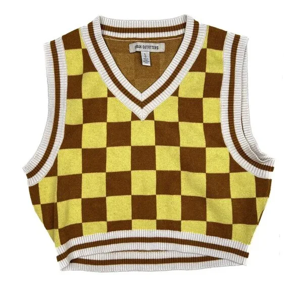 Urban Outfitters Randi Cropped Checkered Yellow Brown Sweater Vest V-Neck - NWOT - Picture 2 of 6